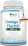 Omega 3 Fischöl 1000mg Hochdosiert - 365 Softgel Kapseln - Omega3 mit 540mg EPA und 360 mg DHA pro Tagesdosis - Reines Omega-3 aus nachhaltiger Fischerei - Nu U Nutrition