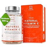 Vitamin C Hochdosiert Vegan - Acerola Vitamin C 1000mg pro Tagesdosis (2 Kapseln) mit Hagebutten, und Zitrus-Bioflavonoiden aus Orangenfrucht Extrakt - 180 Natürliches Vitamin C Kapseln