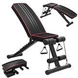 OUNUO Klappbare Hantelbank Schrägbank Multifunktion Trainingsbank Fitnessbank mit hochwertiger angenehmer Polsterung, Verstellbarer Rückenlehne, elastischer Seils, Flach-/Sit Up-Bank für Heimtraining
